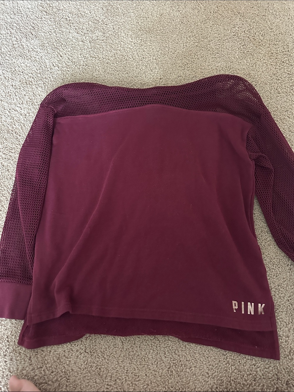 PINK Victoria's Secret Maroon Off-Shoulder Mesh Sleeve Sweatshirt